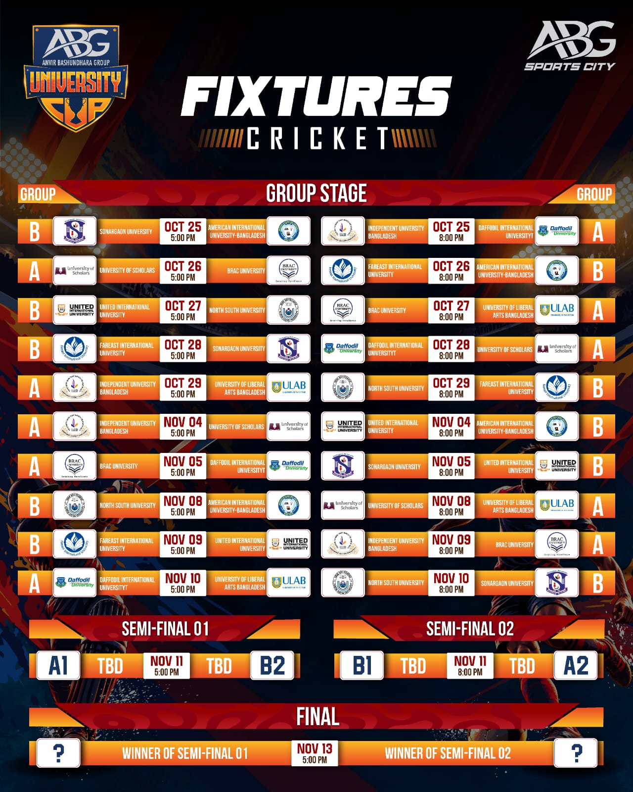 ABG University Cup 2026: Opener to Feature Sonargaon University and AIUB
